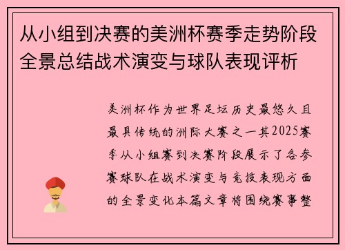 从小组到决赛的美洲杯赛季走势阶段全景总结战术演变与球队表现评析
