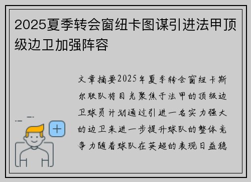 2025夏季转会窗纽卡图谋引进法甲顶级边卫加强阵容