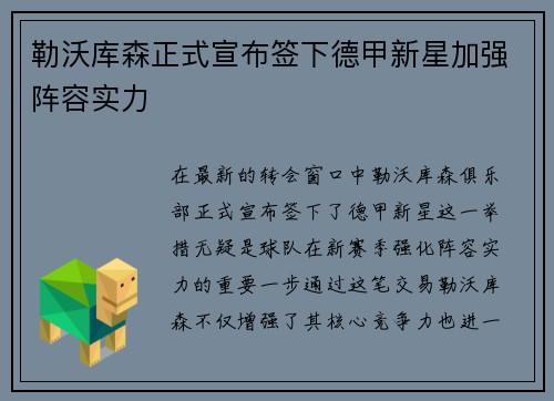 勒沃库森正式宣布签下德甲新星加强阵容实力